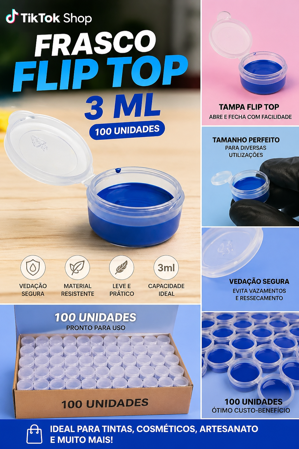 Pote Flip Top 3ml - Kit 100 Unidades com Tampa Articulada