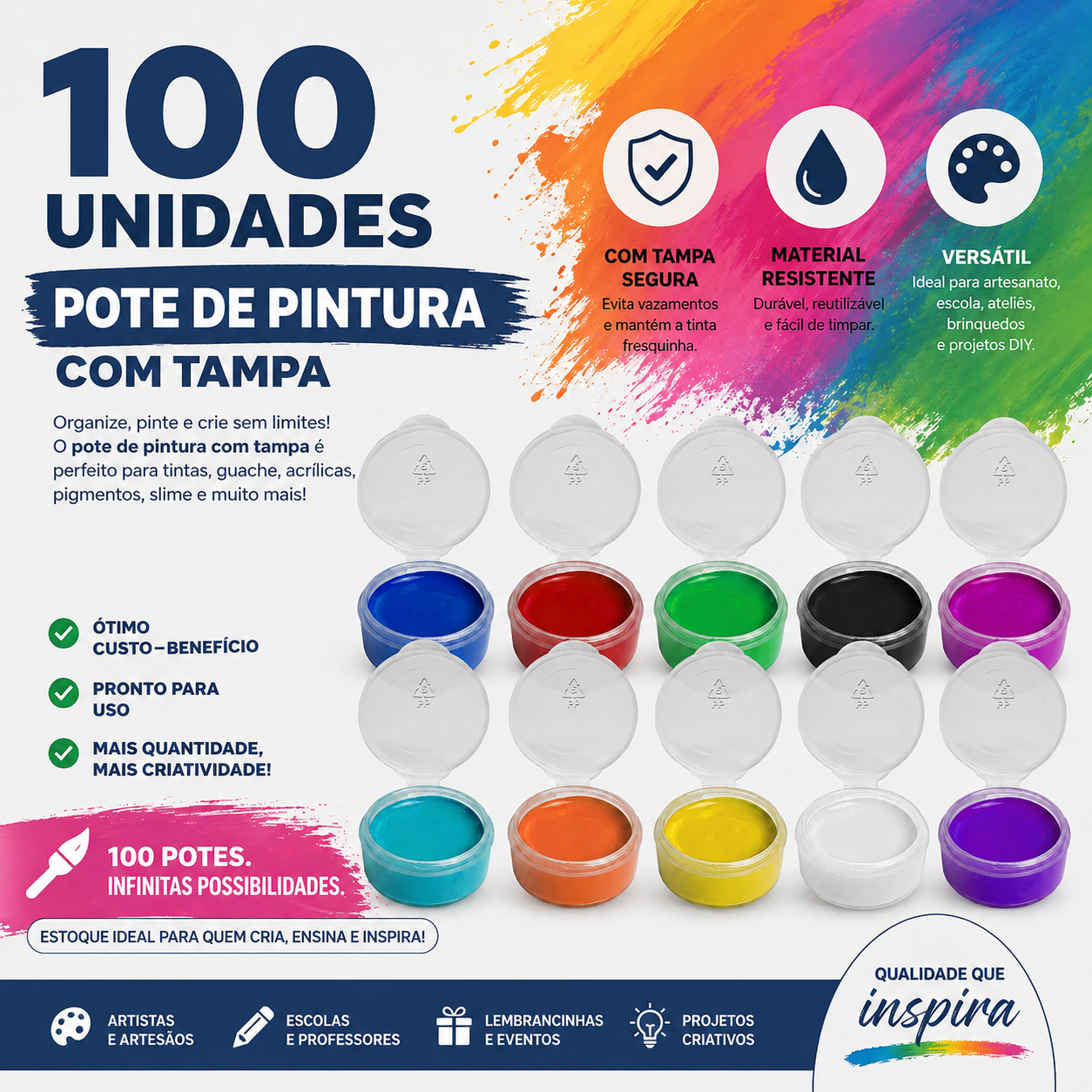 Pote Flip Top 3ml - Kit 100 Unidades com Tampa Articulada